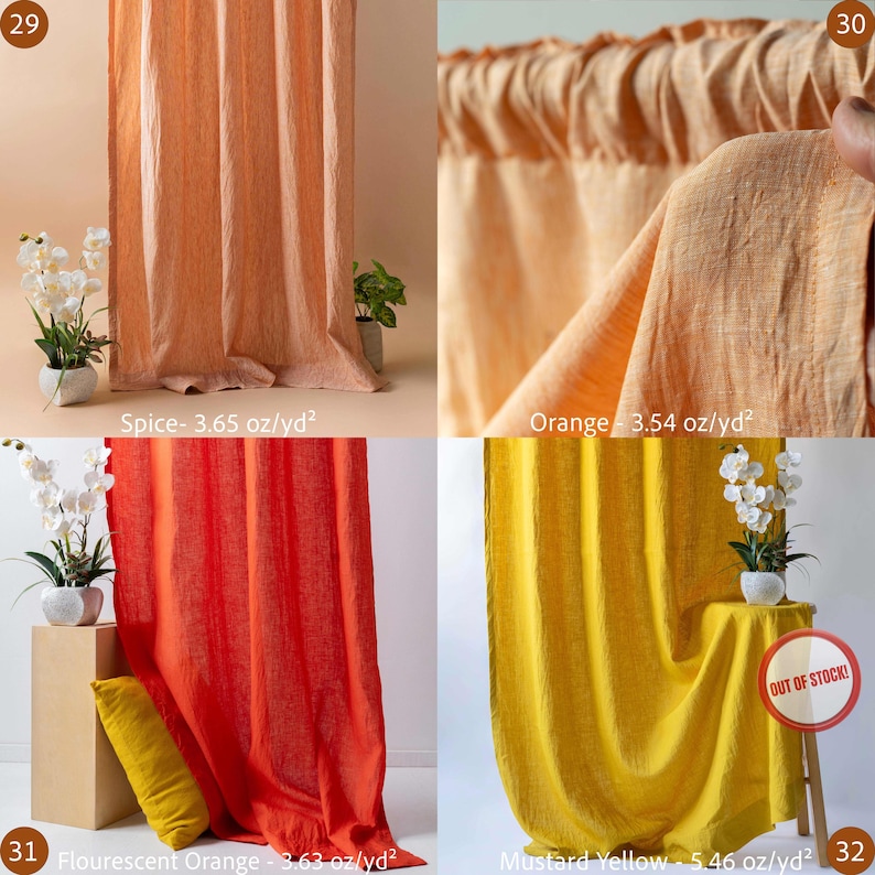 May include: Four fabric samples in different colors: spice, orange, fluorescent orange, and mustard yellow. The spice-colored fabric is draped, while the orange fabric is folded. The fluorescent orange and mustard yellow fabrics are also draped. The mustard yellow sample has an "OUT OF STOCK" sticker.