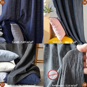 May include: A collage of fabric swatches in various shades of blue and gray. The swatches are labeled "Cobalt", "Midnight", and "Anthracite". The fabric appears to be linen or a similar material. One swatch has an "OUT OF STOCK!" label.