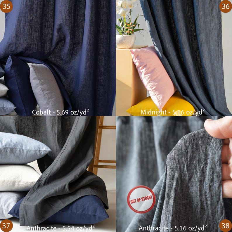 May include: A collage of fabric swatches in various shades of blue and gray. The swatches are labeled "Cobalt", "Midnight", and "Anthracite". The fabric appears to be linen or a similar material. One swatch has an "OUT OF STOCK!" label.