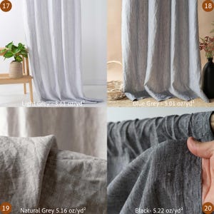 May include: Four different linen fabric swatches in light grey, blue grey, natural grey, and black. The light grey fabric is labeled "Light Grey - 3.61 oz/yd&sup2;". The blue grey fabric is labeled "Blue Grey - 5.01 oz/yd&sup2;". The natural grey fabric is labeled "Natural Grey 5.16 oz/yd&sup2;". The black fabric is labeled "Black- 5.22 oz/yd&sup2;".