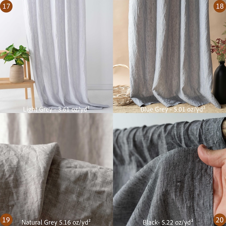 May include: Four different linen fabric swatches in light grey, blue grey, natural grey, and black. The light grey fabric is labeled "Light Grey - 3.61 oz/yd&sup2;". The blue grey fabric is labeled "Blue Grey - 5.01 oz/yd&sup2;". The natural grey fabric is labeled "Natural Grey 5.16 oz/yd&sup2;". The black fabric is labeled "Black- 5.22 oz/yd&sup2;".