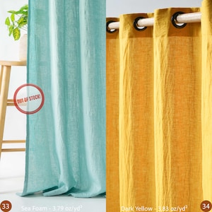 May include: Two linen curtain panels, one sea foam and one dark yellow, are displayed. The sea foam panel has a weight of 3.79 oz/yd&sup2;, and the dark yellow panel has a weight of 3.83 oz/yd&sup2;. The sea foam curtain has a red "OUT OF STOCK!" sticker.