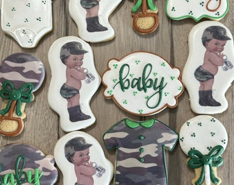 Army Boy Baby Shower Themed Decorated Sugar Cookies - One Dozen- Set of 12