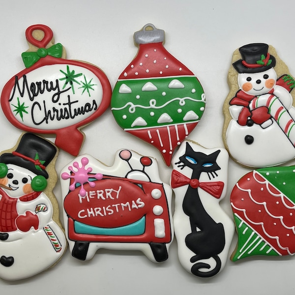 Retro Christmas Decorated Sugar Cookies - Set of 12