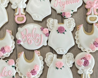 Elegant Baby Shower Themed Decorated Sugar Cookies - One Dozen -12 cookies