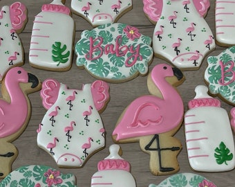 Flamingo Baby Shower Sugar Cookies - Set of 12 Tropical Delights