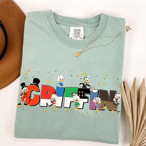 Custom Name Disney Ducktales Comfort Colors T-Shirt, Donald Duck Dewey Huey Louie Tee, Personalized Magic Kingdom Disneyland Matching Tee