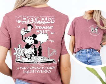 Camiseta con póster clásico de Mickey Mouse Steamboat Willie de dos caras, colores cómodos, camiseta de Mickey de Disney, camiseta para fanáticos de Mickey de Magic Kingdom Disneyland