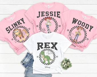 Retro Disney Toy Story Characters Checkerboard Circle Comfort Colors Shirt, Woody Jessie Slinky Rex, Magic Kingdom Disneyland Birthday Tee