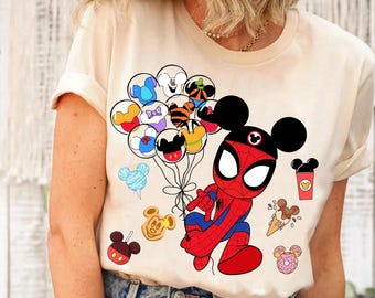 Camiseta de Spiderman con orejas de Mickey y colores cómodos, camiseta de Spiderman con globos de Mickey, camiseta familiar a juego de Magic Kingdom Disneyland