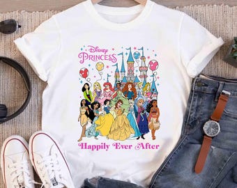 Camiseta Disney Princesses Felices para Siempre con Colores Cómodos, Camiseta Disney Castle, Princesa Aurora, Ariel, Cenicienta, Blancanieves, Elsa, Moana, Tiana