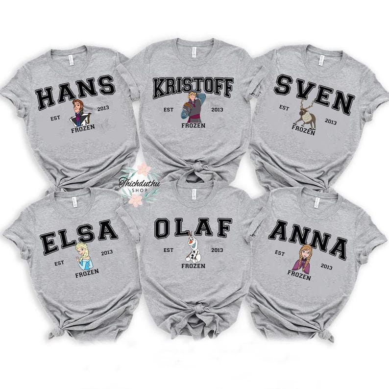 six grey onesuits with pictures of dogs and names on them