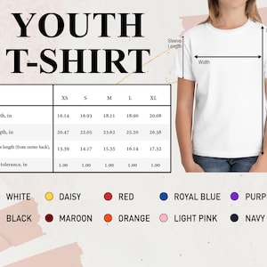 a young girl wearing a white t - shirt with the measurements