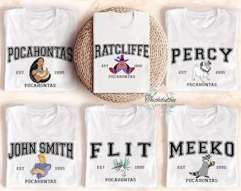 Camiseta com a personagem Pocahontas da Disney em cores confortáveis, camiseta John Smith Meeko Percy, camiseta combinando com a família WDW Disneyland, camiseta para presente de aniversário