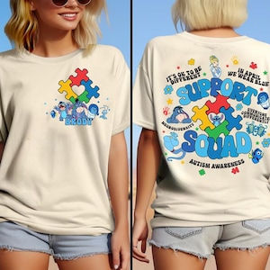 Personalized Two Sided Disney Blue Characters Autism Awareness Comfort Colors Shirt, Family Autism Support Squad Tee, Autism Month Shirt