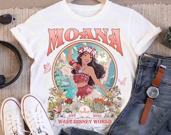 Retro Disney Moana 2 Movie Floral Comfort Colors T-Shirt, Disney Princess Moana Pua Pig Tee, WDW Magic Kingdom Disneyland Trip Shirt