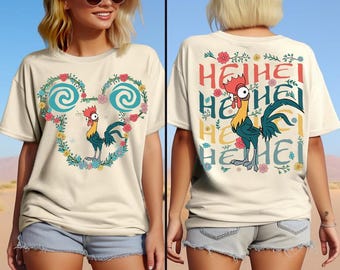 両面ディズニー/ピクサー モアナ ヘイヘイ ルースター フローラル コンフォートカラーシャツ、モアナ2シャツ、マジックキングダム ディズニーランド ファミリーマッチングTシャツ