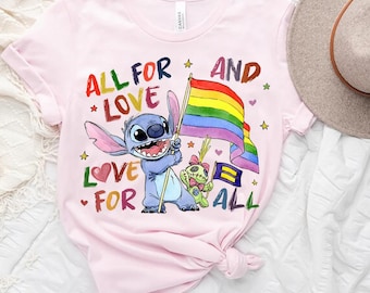 Camiseta de Lilo y Stitch con la bandera arcoíris y colores cómodos, "Todo por amor y amor para todos", camiseta de celebración del Mes del Orgullo, camiseta LGBT de Disney Stitch