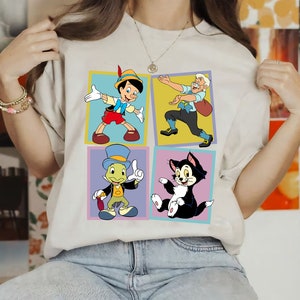 Disney Pinocchio Characters Squad Group Comfort Colors Shirt, Pinocchio&#39;s Father Geppetto Pinocchio Jiminy Cricket Figaro Cat Shirt