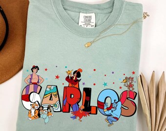 Camiseta de Disney Aladdin con nombre personalizado y colores cómodos, camiseta de la alfombra mágica de la princesa Jasmine de Aladdin, camiseta a juego de Magic Kingdom Disneyland