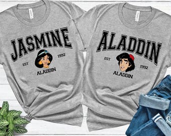 Camiseta de pareja de Disney Jasmine y Aladdin con colores cómodos, camiseta de pareja de Disney World, camiseta de viaje a Disneyland, camiseta de regalo de San Valentín