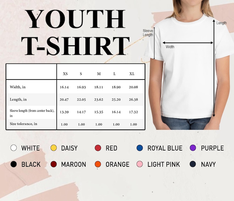 a young girl wearing a white t - shirt with the measurements