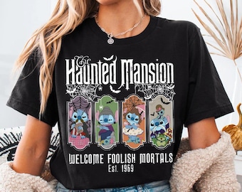 Lilo & Stitch Haunted Mansion Comfort Colors T-Shirt, Welcome Foolish Mortals Tee, Lilo Stitch Spooky Season Halloween Party 2025 Shirt