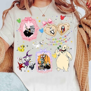 The image is a collage of various characters and scenes from the movie " Nightmare Before Christmas", including characters like Jack Skellington, Mary Poppins, and Oogie Bow, as well as scenes from the film.