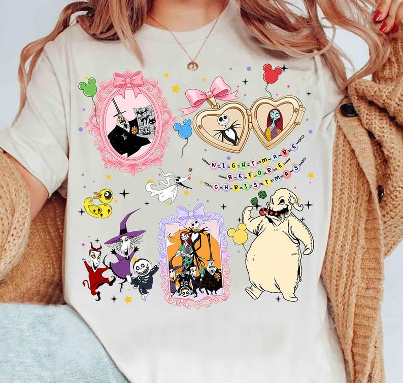 The image is a collage of various characters and scenes from the movie " Nightmare Before Christmas", including characters like Jack Skellington, Mary Poppins, and Oogie Bow, as well as scenes from the film.