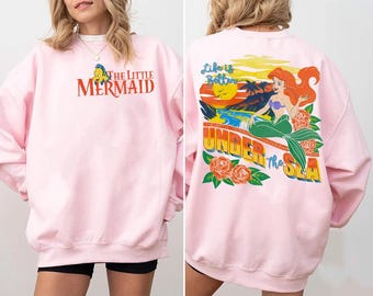 Maglietta bifacciale "La Sirenetta, la vita è migliore sotto il mare", colori comfort, maglietta "La Principessa Disney Ariel, Flounder", maglietta coordinata Disneyland