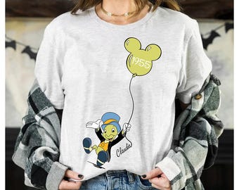Personalized Pinocchio Jiminy Cricket Mickey Ears Balloon Comfort Colors Shirt, Disney Custom Name & Age Tee, Disneyland Family Matching Tee