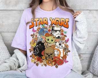 Star Wars Characters Floral Comfort Colors T-Shirt, R2-D2 BB-8 Chewbacca Yoda Darth Vader Stormtrooper Tee, Galaxy's Edge Disneyland Shirt