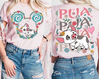 Tvåsidig Disney Pixar Vaiana Pua Pig blommig komfortfärgad skjorta, Vaiana 2 skjorta, Magic Kingdom Disneyland matchande t-shirt