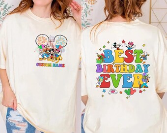 Camiseta personalizada de dos caras con el nombre de Mickey y sus amigos, el mejor cumpleaños de todos los tiempos, colores cómodos, camiseta de cumpleaños para niño y niña, camiseta de viaje de cumpleaños a Disneyland