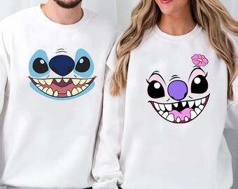 Maglietta carina Disney Lilo & Stitch con grande faccia di Stitch e angelo, colori comodi, maglietta abbinata per coppie, maglietta regalo di compleanno per la famiglia