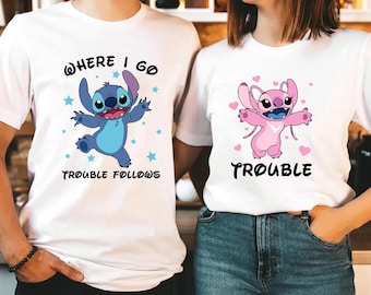 Comfort Colors Disney Lilo And Stitch Couple Shirts, Stitch And Angel Where I Go Trouble Follows Shirt, Disneyland Couple Matching Tee