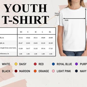 a young girl wearing a white t - shirt with the measurements