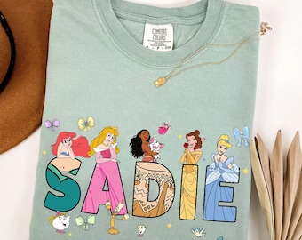 Custom Name Disney Princesses Comfort Colors T-Shirt, Personalized Princess Birthday Tee, WDW Magic Kingdom Disneyland Birthday Girl Tee