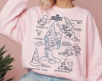Disney Uczeń Czarnoksiężnika Fantasia Mickey Mouse Szkic Komfortowe Kolory Koszulka, Disneyland Dopasowana Koszulka, Fantastyczna Koszulka Mickey