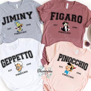 Custom Disney Pinocchio Character Comfort Colors T-Shirt, Jiminy Figaro Geppetto Tee, Magic Kingdom Disneyland Family Matching Shirt