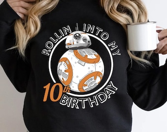 Custom BB-8 Rolling Into My Birthday Comfort Colors Shirt, Personalized Birthday Gift Shirt, Star Wars Droid Birthday Shirt