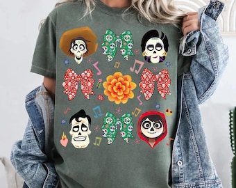 Disney Pixar Coco Coquette Bows Sugar Skulls Comfort Colors T-Shirt, Coco Papel Picado Sugar Skull Shirt, Disneyland Family Matching Tee