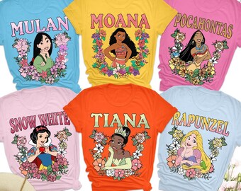 Disney Princesses Floral Comfort Colors T-Shirt, Disney Floral Princess Matching Tee, Magic Kingdom Disneyland Girls Trip Custom Shirt
