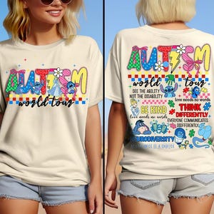 Two Sided Disney Pixar Characters Autism Awareness World Tour Comfort Colors T-Shirt, Family Autism Support Squad, Autism Month Shirt
