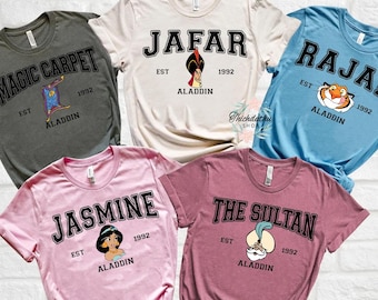 Camiseta retro de personajes de Aladdin con colores personalizados y cómodos, camiseta de la princesa Jasmine de Aladdin con la alfombra mágica, camiseta de Magic Kingdom Disneyland