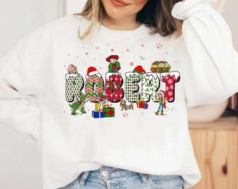 Maglietta con nome personalizzato Toy Story, colori natalizi, Woody, Buzz Lightyear, Jessie, Rex, Alieni, maglietta per le vacanze di Natale a Disneyland