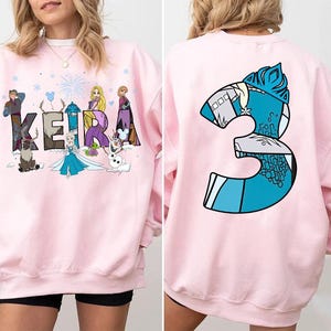 Camiseta de cumpleaños de Disney Frozen con nombre y edad personalizados por ambos lados, colores cómodos, regalo de cumpleaños personalizado, reina Elsa, Olaf, princesa Emma