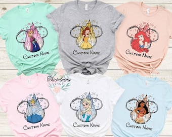 Custom Disney Princess Comfort Colors Shirt, Elsa Emma Moana Ariel Cinderella Personalized Family Matching Shirts, Disneyland Vacation Trip