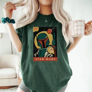 Carte à collectionner vintage Boba Fett Star Wars '77 T-shirt couleurs confort graphique, chemise Star Wars, chemise unisexe vacances Edge de Disneyland Galaxy