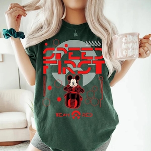 Disney Mickey & Friends Tron Lightcycle Run Ride Team Red Comfort Colors T-Shirt, Magic Kingdom Disneyland Family Matching Tee